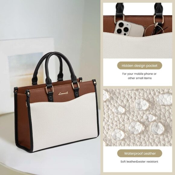 Women Khaki-White-Green- PU Leather Shoulder Satchel Bag Top Handle Tote Bags - Picture 5 of 6